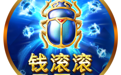 錢滾滾聖甲蟲老虎機遊戲圖示，藍色聖甲蟲符號特效。