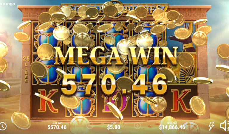 BNG電子錢滾滾聖甲蟲老虎機 Mega Win 獲勝畫面，玩家贏得 570.46。